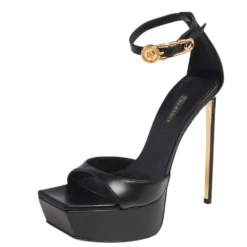 Versace Black Leather Pin Buckle Detail Ankle Strap Platform Sandals Size 38 For Women