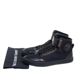 Versace Black Leather And Canvas High Top Sneakers Size 44 For Women -Versace Official Website luxury women versace used shoes p508850 1633761640 001
