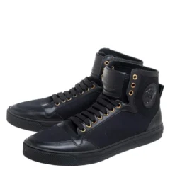 Versace Black Leather And Canvas High Top Sneakers Size 44 For Women -Versace Official Website luxury women versace used shoes p508850 1633761644 002