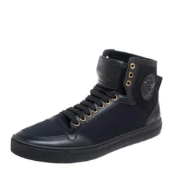 Versace Black Leather And Canvas High Top Sneakers Size 44 For Women