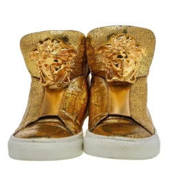 Versace Metallic Gold Crackle Leather Medusa High Top Sneakers Size 35.5 For Women -Versace Official Website luxury women versace used shoes p509365 1634012992 003