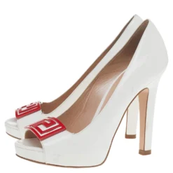 Versace White Patent Leather Embellished Peep Toe Pumps Size 37 For Women -Versace Official Website luxury women versace used shoes p513834 005