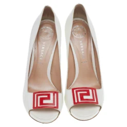 Versace White Patent Leather Embellished Peep Toe Pumps Size 37 For Women -Versace Official Website luxury women versace used shoes p513834 007