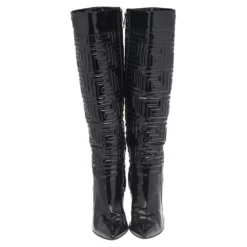 Versace Black Patent Quilted Leather Pointed Toe Knee Length Boots Size 39 For Women -Versace Official Website luxury women versace used shoes p514403 005