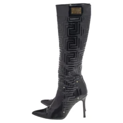 Versace Black Patent Quilted Leather Pointed Toe Knee Length Boots Size 39 For Women -Versace Official Website luxury women versace used shoes p514403 006