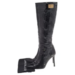 Versace Black Patent Quilted Leather Pointed Toe Knee Length Boots Size 39 For Women -Versace Official Website luxury women versace used shoes p514403 008