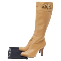 Versace Beige Leather Medusa Knee Length Boots Size 38 For Women -Versace Official Website luxury women versace used shoes p514604 005
