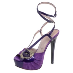 Versace Purple Suede And Patent Leather Platform Ankle Strap Sandals Size 36 For Women