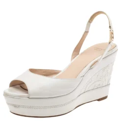 Versace White Leather Slingback Platform Wedge Sandals Size 37 For Women