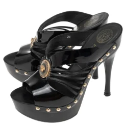 Versace Black Patent Leather And Wooden Platform Medusa Sandals Size 36 For Women -Versace Official Website luxury women versace used shoes p555356 005