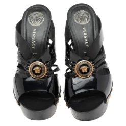 Versace Black Patent Leather And Wooden Platform Medusa Sandals Size 36 For Women -Versace Official Website luxury women versace used shoes p555356 009