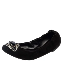 Versace Black Suede Embellished Scrunch Ballet Flats Size 39 For Women