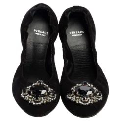 Versace Black Suede Embellished Scrunch Ballet Flats Size 39 For Women -Versace Official Website luxury women versace used shoes p555890 009