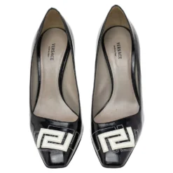 Versace Black Patent Leather Logo Stitched Square Toe Pumps Size 38 For Women -Versace Official Website luxury women versace used shoes p555946 002