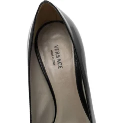 Versace Black Patent Leather Logo Stitched Square Toe Pumps Size 38 For Women -Versace Official Website luxury women versace used shoes p555946 005