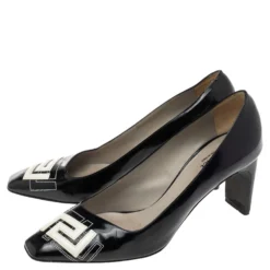 Versace Black Patent Leather Logo Stitched Square Toe Pumps Size 38 For Women -Versace Official Website luxury women versace used shoes p555946 006