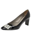 Versace Black Patent Leather Logo Stitched Square Toe Pumps Size 38 For Women