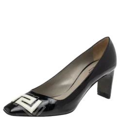Versace Black Patent Leather Logo Stitched Square Toe Pumps Size 38 For Women