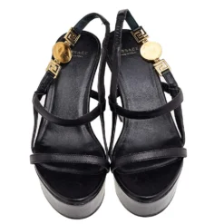 Versace Black Leather Wedge Sandals Size 36 For Women -Versace Official Website luxury women versace used shoes p556772 003