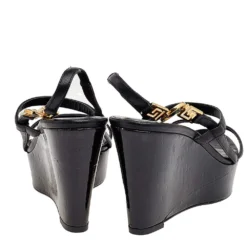 Versace Black Leather Wedge Sandals Size 36 For Women -Versace Official Website luxury women versace used shoes p556772 004