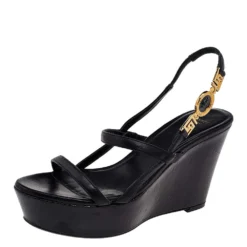 Versace Black Leather Wedge Sandals Size 36 For Women