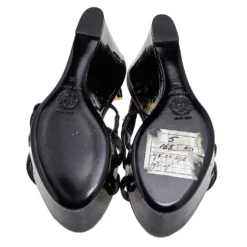 Versace Black Leather Wedge Sandals Size 36 For Women -Versace Official Website luxury women versace used shoes p556772 007