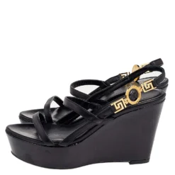 Versace Black Leather Wedge Sandals Size 36 For Women -Versace Official Website luxury women versace used shoes p556772 009