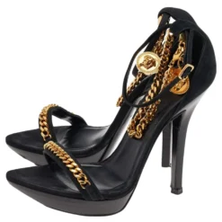 Versace Black Suede Medusa Chain Ankle Strap Sandals Size 38 For Women -Versace Official Website luxury women versace used shoes p557284 003