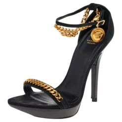 Versace Black Suede Medusa Chain Ankle Strap Sandals Size 38 For Women
