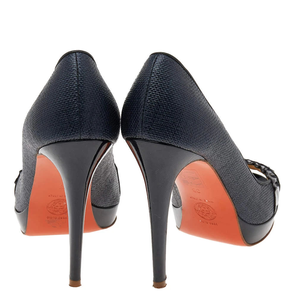 Versace Navy Blue/Black Raffia And Patent Leather Peep Toe Pumps Size 38 For Women 5 Versace Navy Blue/Black Raffia And Patent Leather Peep Toe Pumps Size 38 For Women - Image 5