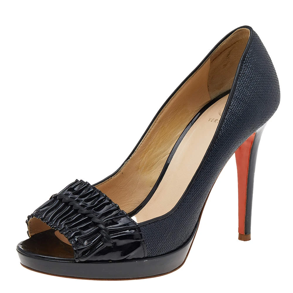 Versace Navy Blue/Black Raffia And Patent Leather Peep Toe Pumps Size 38 For Women 1 Versace Navy Blue/Black Raffia And Patent Leather Peep Toe Pumps Size 38 For Women
