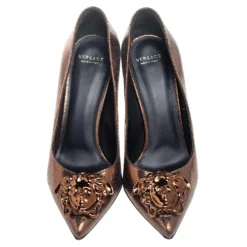 Versace Metallic Gold Textured Leather Medusa Pointed Toe Pumps Size 37 For Women -Versace Official Website luxury women versace used shoes p560617 005