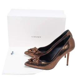 Versace Metallic Gold Textured Leather Medusa Pointed Toe Pumps Size 37 For Women -Versace Official Website luxury women versace used shoes p560617 008