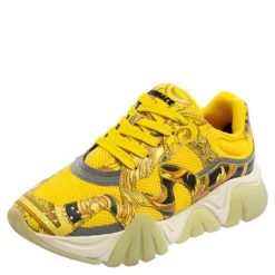 Versace Multicolor Leather And Mesh Flower Print Fur Lace Up Sneakers Size 38 For Women