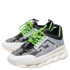 Versace Multicolor Snakeskin Embossed Leather, Rubber And Leather Chain Reaction Sneakers Size 39 For Women -Versace Official Website luxury women versace used shoes p570105 007