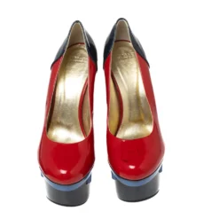 Versace Red/Navy Blue Patent Leather Triple Platform Sky High Pumps Size 37 For Women -Versace Official Website luxury women versace used shoes p573000 003