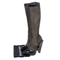 Versace Black Leather And Mesh Pointed Toe Knee Length Boots Size 36 For Women -Versace Official Website luxury women versace used shoes p573039 002