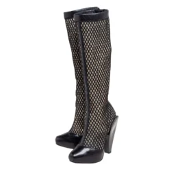 Versace Black Leather And Mesh Pointed Toe Knee Length Boots Size 36 For Women -Versace Official Website luxury women versace used shoes p573039 003