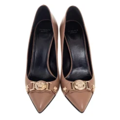 Versace Brown Leather Medusa Detail Buckle Strap Pointed-Toe Pumps Size 39 For Women -Versace Official Website luxury women versace used shoes p575822 001