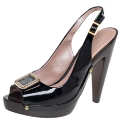 Versace Black Patent Leather Medusa Head Buckle Peep-Toe Slingback Sandals Size 37.5 For Women