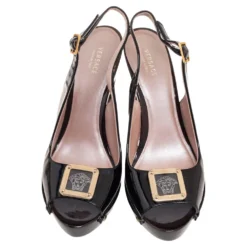 Versace Black Patent Leather Medusa Head Buckle Peep-Toe Slingback Sandals Size 37.5 For Women -Versace Official Website luxury women versace used shoes p579545 007