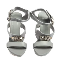 Versace Grey Leather Idol Medusa Ankle-Strap Sandals Size 36 For Women -Versace Official Website luxury women versace used shoes p589088 002