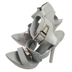 Versace Grey Leather Idol Medusa Ankle-Strap Sandals Size 36 For Women -Versace Official Website luxury women versace used shoes p589088 003