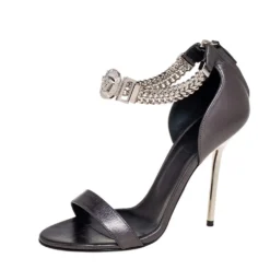 Versace Metallic Grey Leather Medusa Chain Ankle Strap Sandals Size 38 For Women