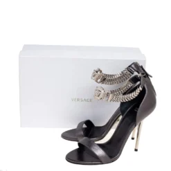 Versace Metallic Grey Leather Medusa Chain Ankle Strap Sandals Size 38 For Women -Versace Official Website luxury women versace used shoes p591536 004