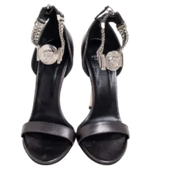 Versace Metallic Grey Leather Medusa Chain Ankle Strap Sandals Size 38 For Women -Versace Official Website luxury women versace used shoes p591536 005