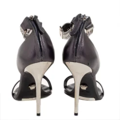 Versace Metallic Grey Leather Medusa Chain Ankle Strap Sandals Size 38 For Women -Versace Official Website luxury women versace used shoes p591536 006