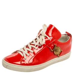Versace Red Patent Leather Medusa Head Embellished Low Top Sneakers Size 36 For Women
