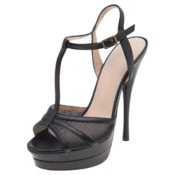 Versace Black Leather T-Strap Platform Sandals Size 37 For Women