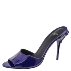 Versace Blue Patent Leather Medusa Heels Mule Sandals Size 40 For Women